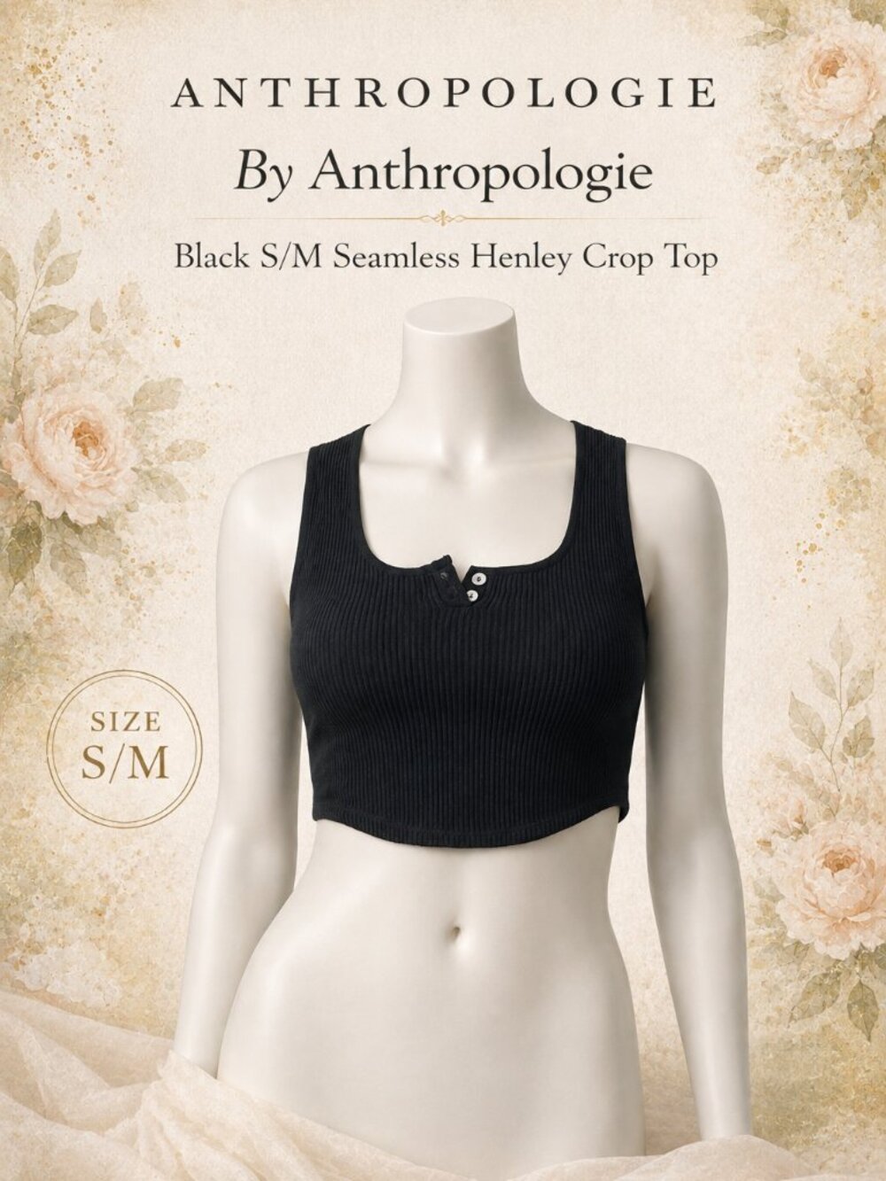 Anthropologie Henley Crop Top Black Ribbed Seamless S/M Fitted Stretch NWT